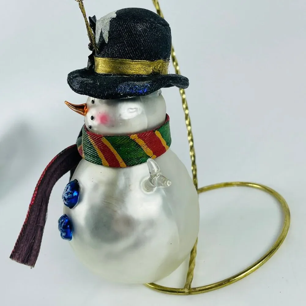 Glass Snowman Ornament Christmas Holiday Large Hand Painted Cloth Hat Scarf